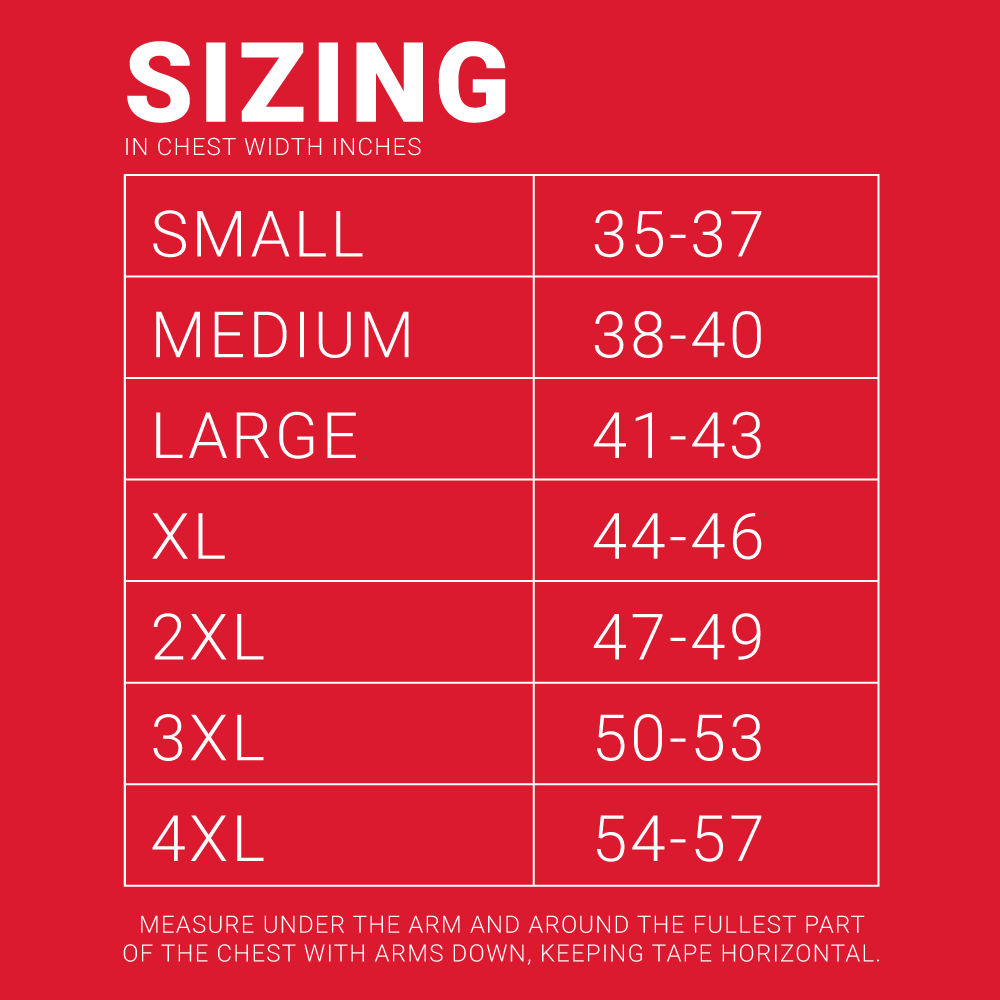 Sizing chart for Little Debbie University Hoodie on a red background indicating chest width measurements in inches for various sizes. The sizes and their respective measurements are: SMALL (35-37 inches), MEDIUM (38-40 inches), LARGE (41-43 inches), XL (44-46 inches), 2XL (47-49 inches), 3XL (50-53 inches), and 4XL (54-57 inches). The chart includes a note at the bottom that reads: 'Measure under the arm and around the fullest part of the chest with arms down, keeping tape horizontal.