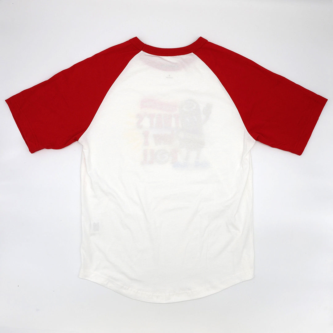 Back view of the Little Debbie Swissy 'That's How I Roll' T-shirt, showcasing the plain white back and the continuation of the radiant red raglan sleeves and neckline.