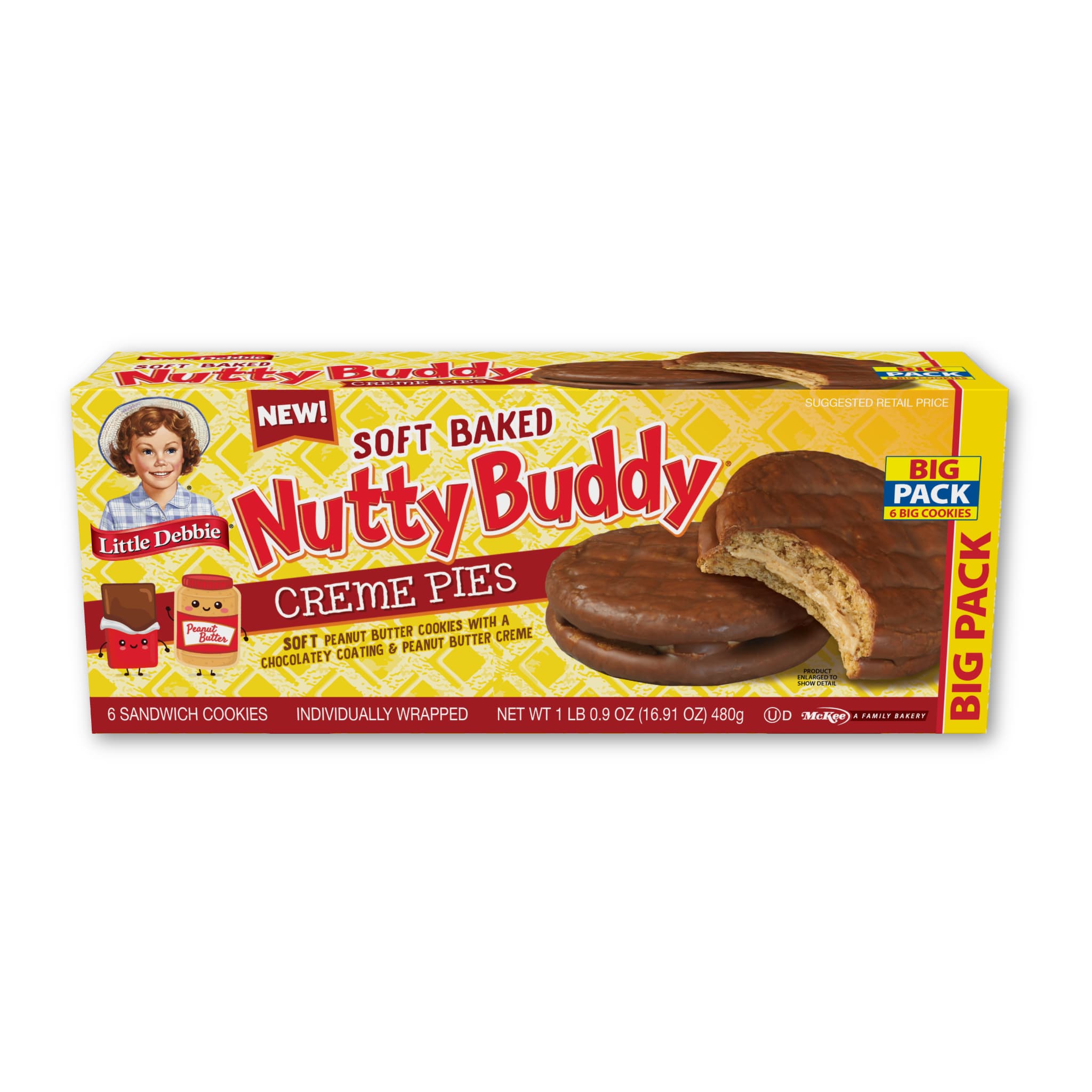 Carton of Little Debbie Nutty Buddy Creme Pies: Big Pack with 6 sandwich cookies. The packaging features the Little Debbie logo, product name in bold red text, and an image of a crème pie cookie with a bite taken out, showing soft peanut butter cookies filled with peanut butter creme and a chocolatey coating.