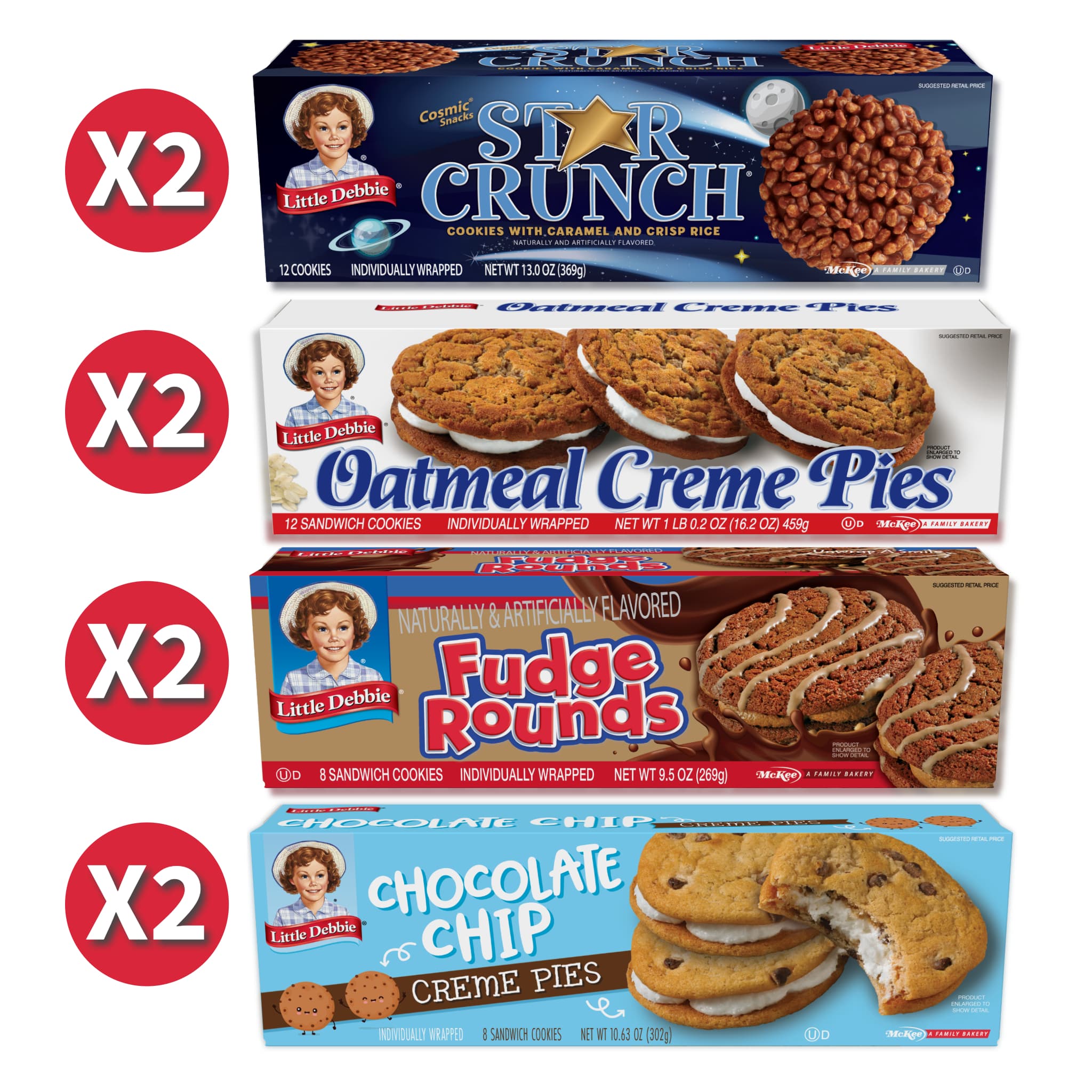 A collection of Little Debbie cookies, including two cartons of Star Crunch Cosmic Snacks, two cartons of Oatmeal Creme Pies, two cartons of Fudge Rounds, and two cartons of Chocolate Chip Creme Pies. Each carton is individually wrapped and displayed with a red circle and "X2" indicating the quantity.