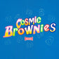 Close-up of the colorful 'Cosmic Brownies' logo on a bright blue t-shirt. The logo features stylized, multicolored letters in pink, yellow, green, and white. Surrounding the text are light blue swirl designs, and a small red Little Debbie logo is positioned at the bottom rof the text.