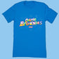 Bright blue t-shirt featuring a colorful 'Cosmic Brownies' logo from Little Debbie in a vibrant, retro style. The logo uses pink, yellow, green, and white letters, and is surrounded by playful, light blue swirl designs on the shirt.