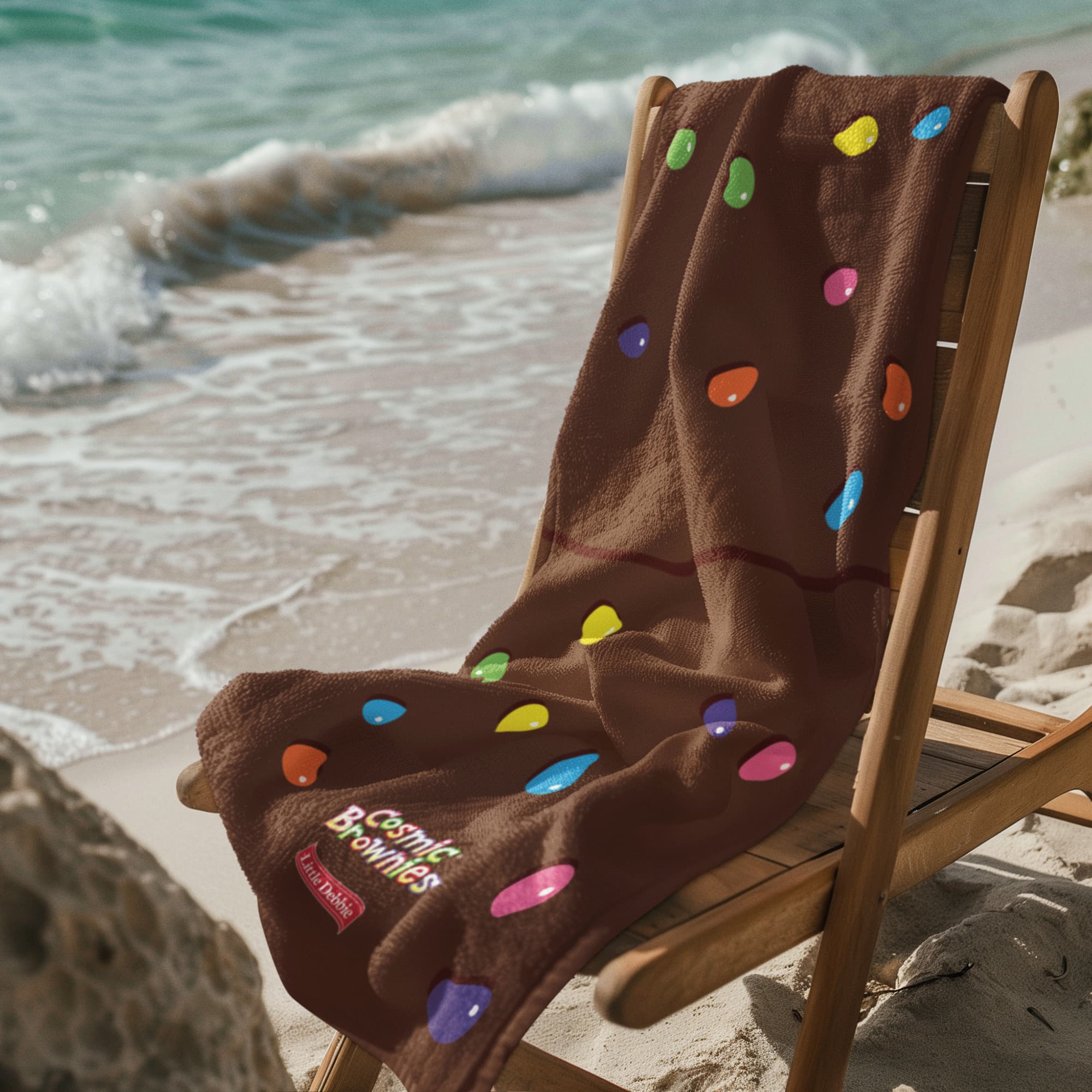 A Little Debbie® Cosmic Brownie beach towel draped over a wooden beach chair on a sandy shore. The towel is designed to look like a Cosmic® Brownie, with a chocolate-brown color and vibrant candy-like sprinkle shapes in various colors scattered across. The "Cosmic® Brownies" logo and a small red Little Debbie® logo are visible near the bottom. In the background, gentle ocean waves roll onto the sandy beach.