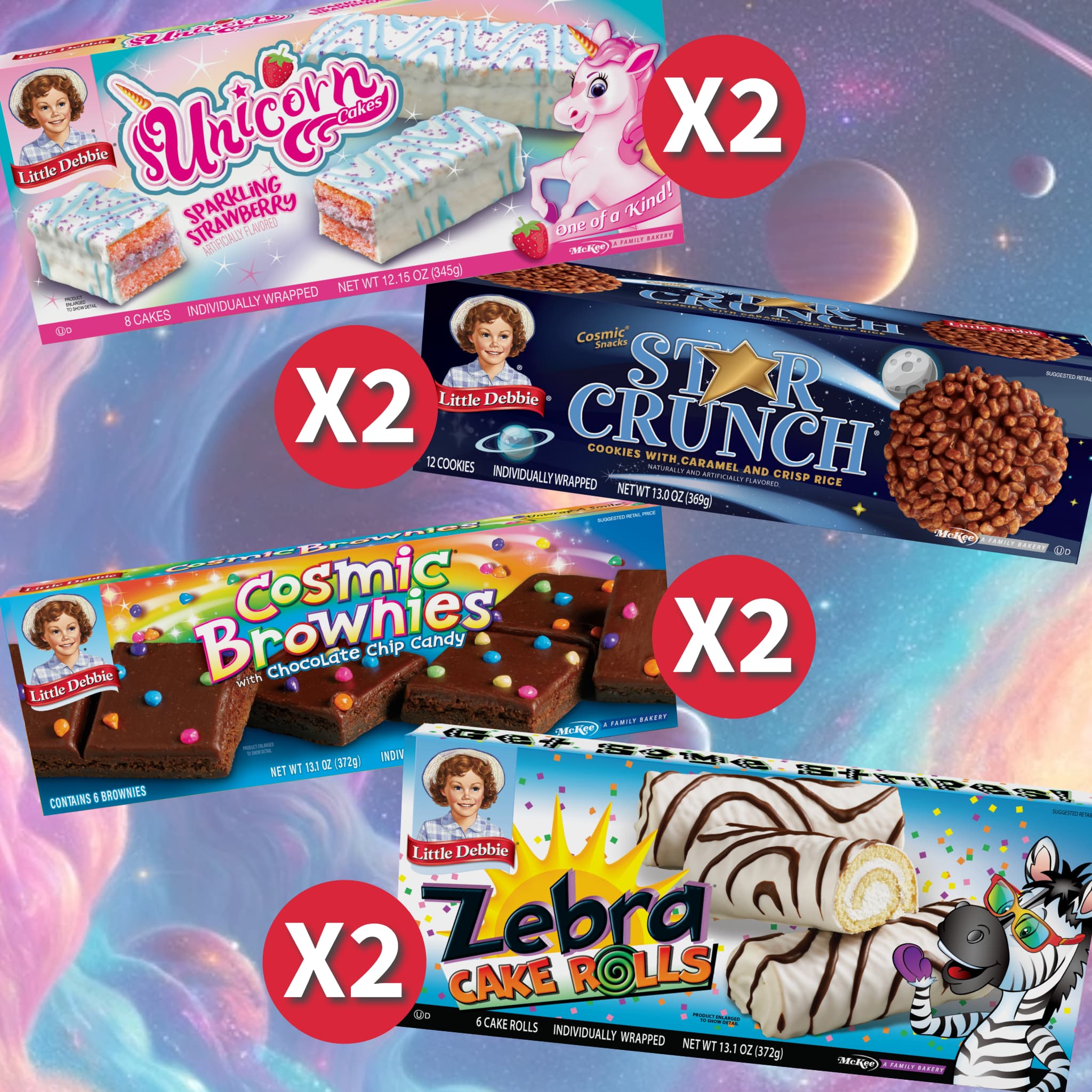 A collection of Little Debbie snacks displayed against a cosmic background, featuring two cartons each of Unicorn Cakes, Star Crunch, Cosmic Brownies, and Zebra Cake Rolls. Each carton is accompanied by a red circle with "X2" indicating the quantity. 