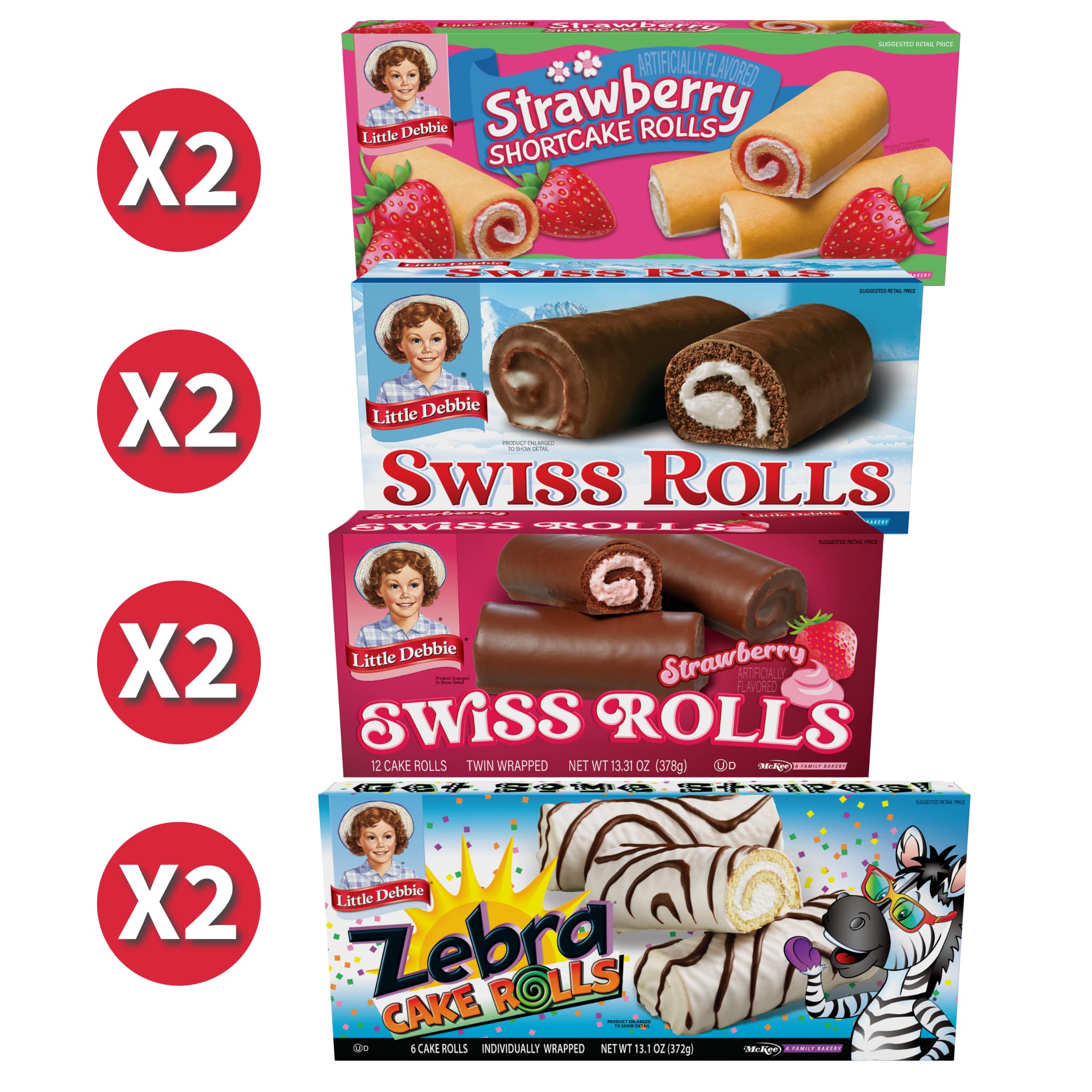A collection of Little Debbie rolled treats displayed with a red circle and "X2" indicating the quantity for each item. The collection includes two cartons of Strawberry Shortcake Rolls, two cartons of Swiss Rolls, two cartons of Strawberry Swiss Rolls, and two cartons of Zebra Cake Rolls. Each carton features colorful packaging with images of the respective treats.