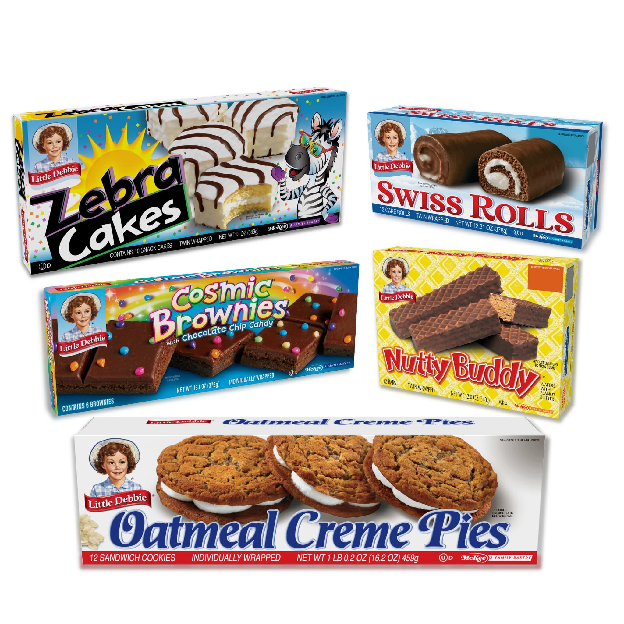A collection of Little Debbie snacks displayed together, including one carton each of Zebra Cakes, Swiss Rolls, Cosmic Brownies, Nutty Buddy Wafer Bars, and Oatmeal Creme Pies. Each carton features colorful packaging with images of the respective treats.
