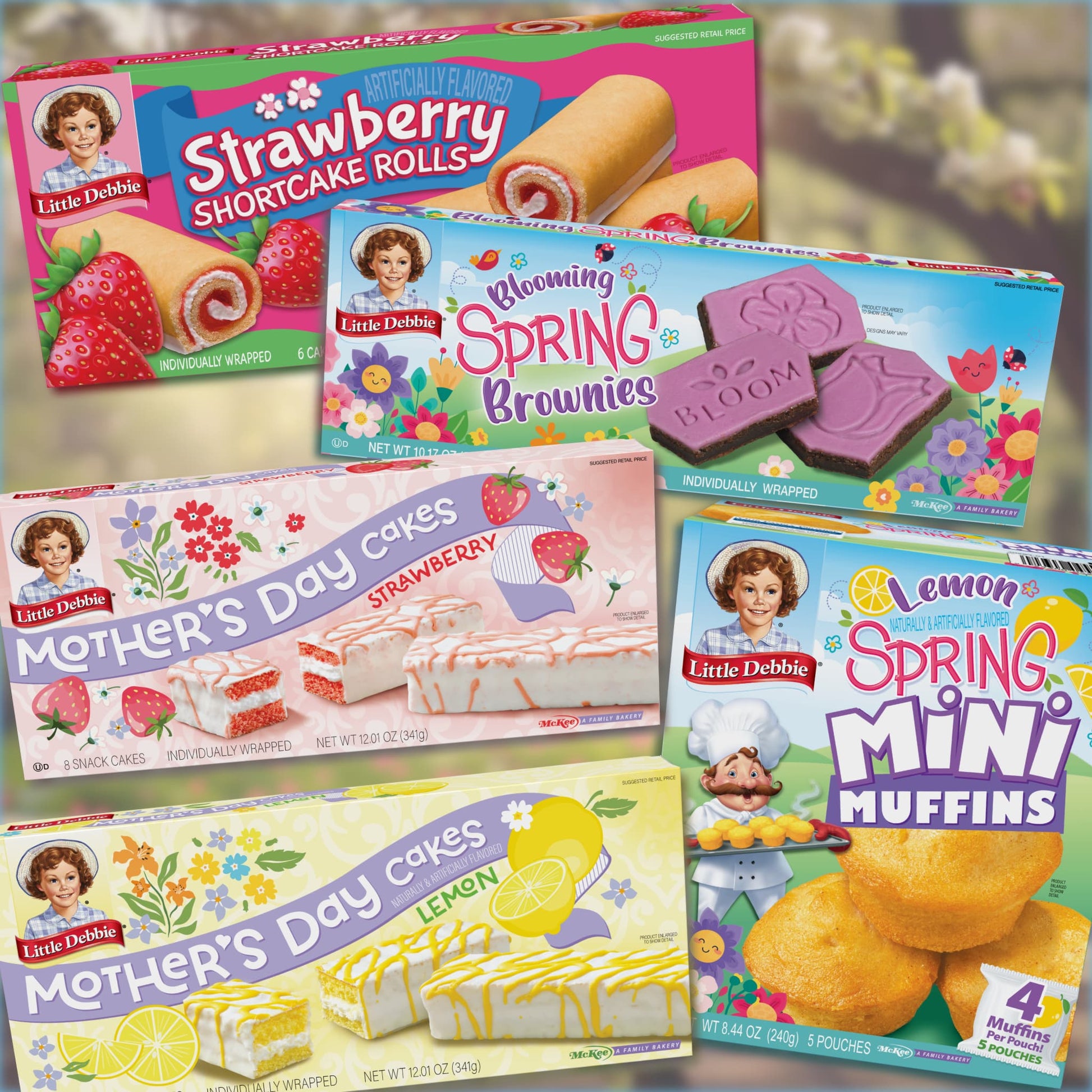 Image collage showcasing Little Debbie's Spring into Mother's Day Variety Pack. Top left: Strawberry Shortcake Rolls packaging with strawberry imagery. Bottom right: Lemon Spring Mini Muffins box displaying yellow muffins. Middle: Blooming Spring Brownies box featuring pink, flower-shaped brownies with 'BLOOM' text. Bottom left: Mother's Day Cakes in strawberry flavor, shown with strawberry decorations. Bottom center: Mother's Day Cakes in lemon flavor, depicted with lemon slices and icing.