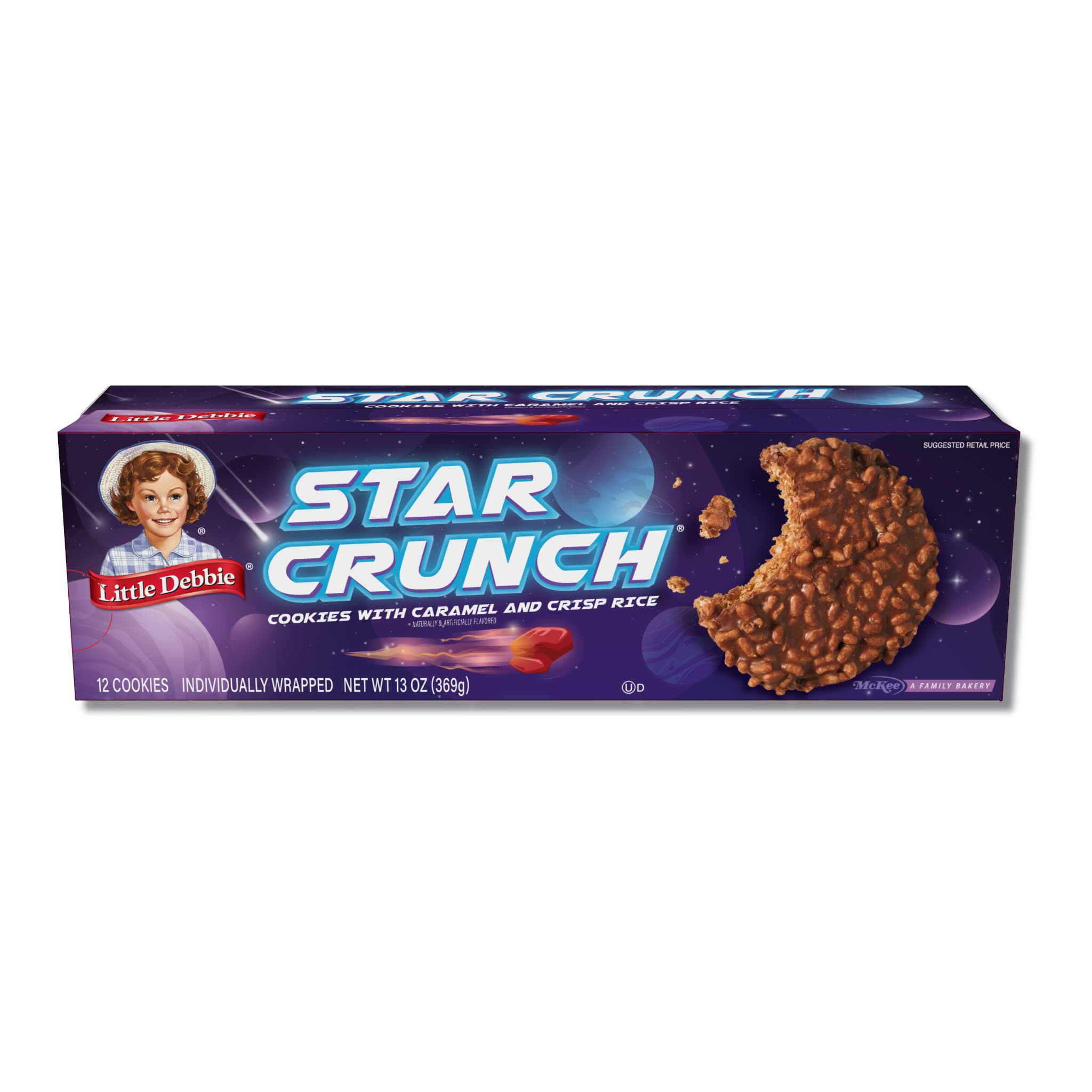 Little Debbie Star Crunch cookies box with outer space-themed packaging. Features a large image of a cookie with caramel and crisp rice, partially bitten. Includes 12 individually wrapped cookies.