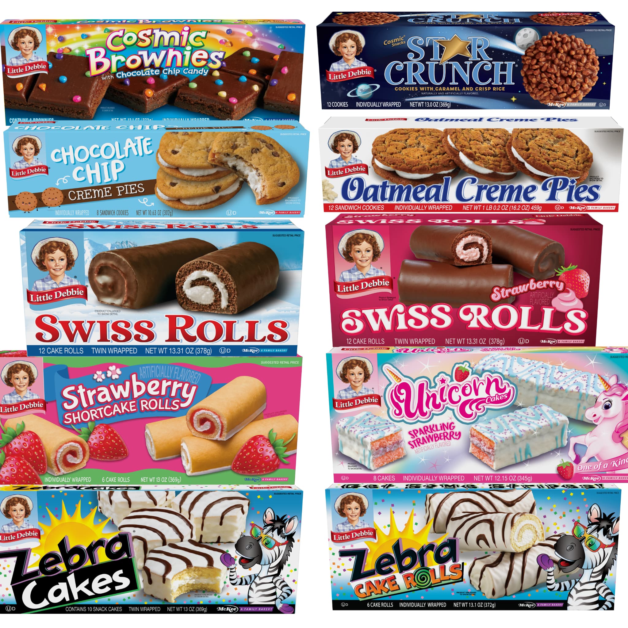  A collection of Little Debbie snacks displayed together, including one carton each of Cosmic Brownies, Star Crunch Cosmic Snacks Cookies, Chocolate Chip Creme Pies, Oatmeal Creme Pies, Swiss Rolls, Strawberry Swiss Rolls, Strawberry Shortcake Rolls, Unicorn Cakes, Zebra Cakes, and Zebra Cake Rolls. Each carton features colorful packaging with images of the respective treats.
