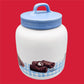 This image features a Little Debbie collectible gingham cookie jar with a blue lid, set against a red background. The white jar has a light blue gingham pattern at its base and is adorned with an illustration of three Little Debbie Swiss Rolls, labeled with 'Swiss Rolls' in a playful, handwritten font. The lid, designed with ridges and a center loop handle, ideal for storing treats and adding a touch of sweetness to any kitchen decor.