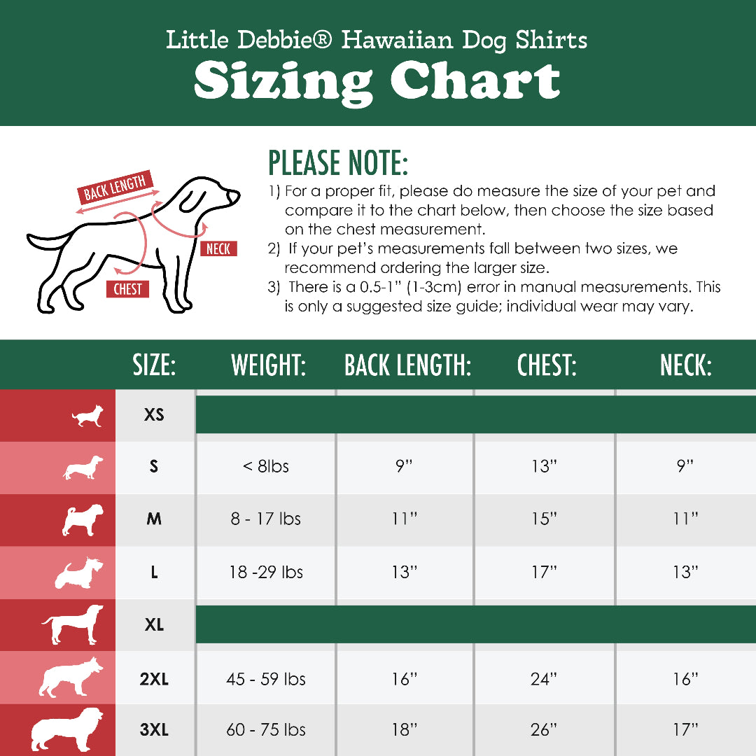 Image depicting the Little Debbie® Hawaiian Dog Shirts Sizing Chart. The chart is divided into four columns: SIZE, WEIGHT, BACK LENGTH, CHEST, and NECK, each with corresponding measurements for sizes XS to 3XL. At the top left, there's an illustration of a dog with labels pointing to 'BACK LENGTH', 'CHEST', and 'NECK' to guide where to measure.
