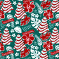 Close-up of the pattern on a green Little Debbie Hawaiian shirt, showcasing a design of red and white Little Debbie Christmas Tree Cakes, Red Ribbon Logos, and an aloha pattern of leaves and flowers.