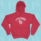 Little Debbie University Red hoodie with the words 'LITTLE DEBBIE' printed in white on the front, accompanied by a shield emblem containing various symbols and the text 'EST. 1960'. The hoodie has a front pocket and a hood with drawstrings. It's set against a light blue background patterned with white illustrations of Christmas Trees Cakes, Christmas Tree Brownies, snowflakes, and other winter motifs.