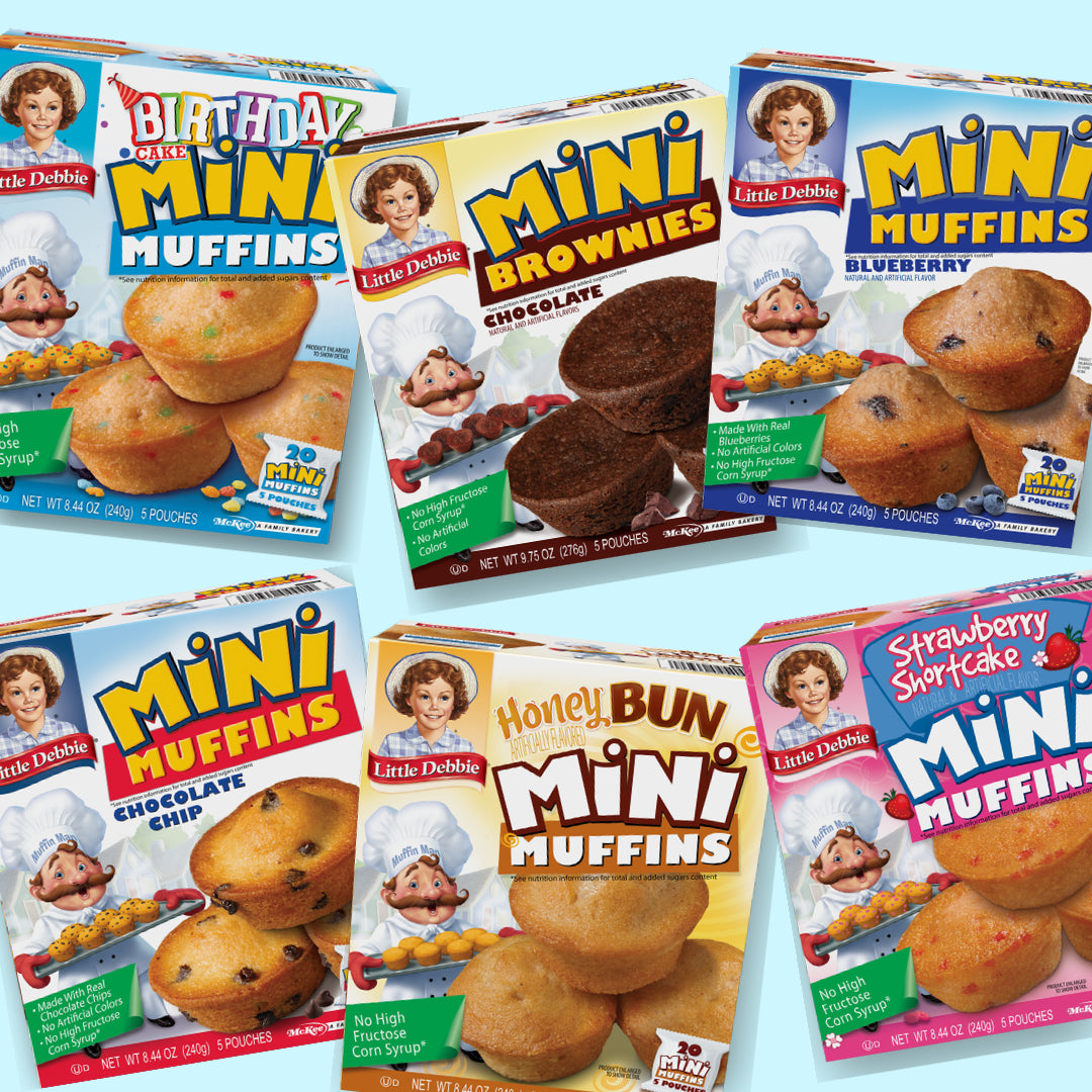 Little Debbie Muffin Man Mania variety pack, includes one of each of the following Honey Bun, Birthday Cake, Mini Brownies, Chocolate Chip, Blueberry, and Strawberry Shortcake.