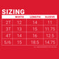 Sizing chart for the Little Debbie® Christmas Tree Cake Taste Tester Toddler Shirt. The chart is on a red background with white text and is divided into three columns for WIDTH, LENGTH, and SLEEVE, with measurements in inches.  