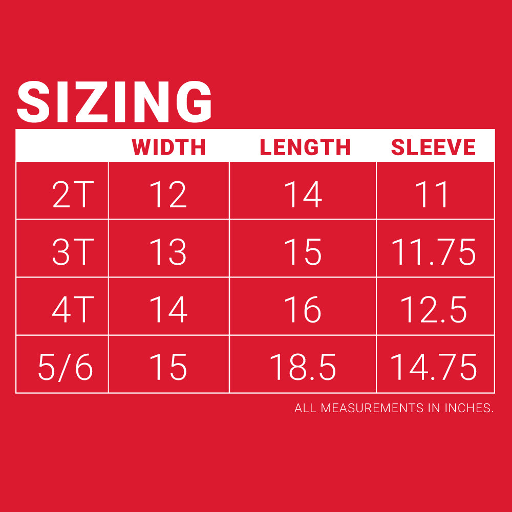Sizing chart for the Little Debbie® Christmas Tree Cake Taste Tester Toddler Shirt. The chart is on a red background with white text and is divided into three columns for WIDTH, LENGTH, and SLEEVE, with measurements in inches.  