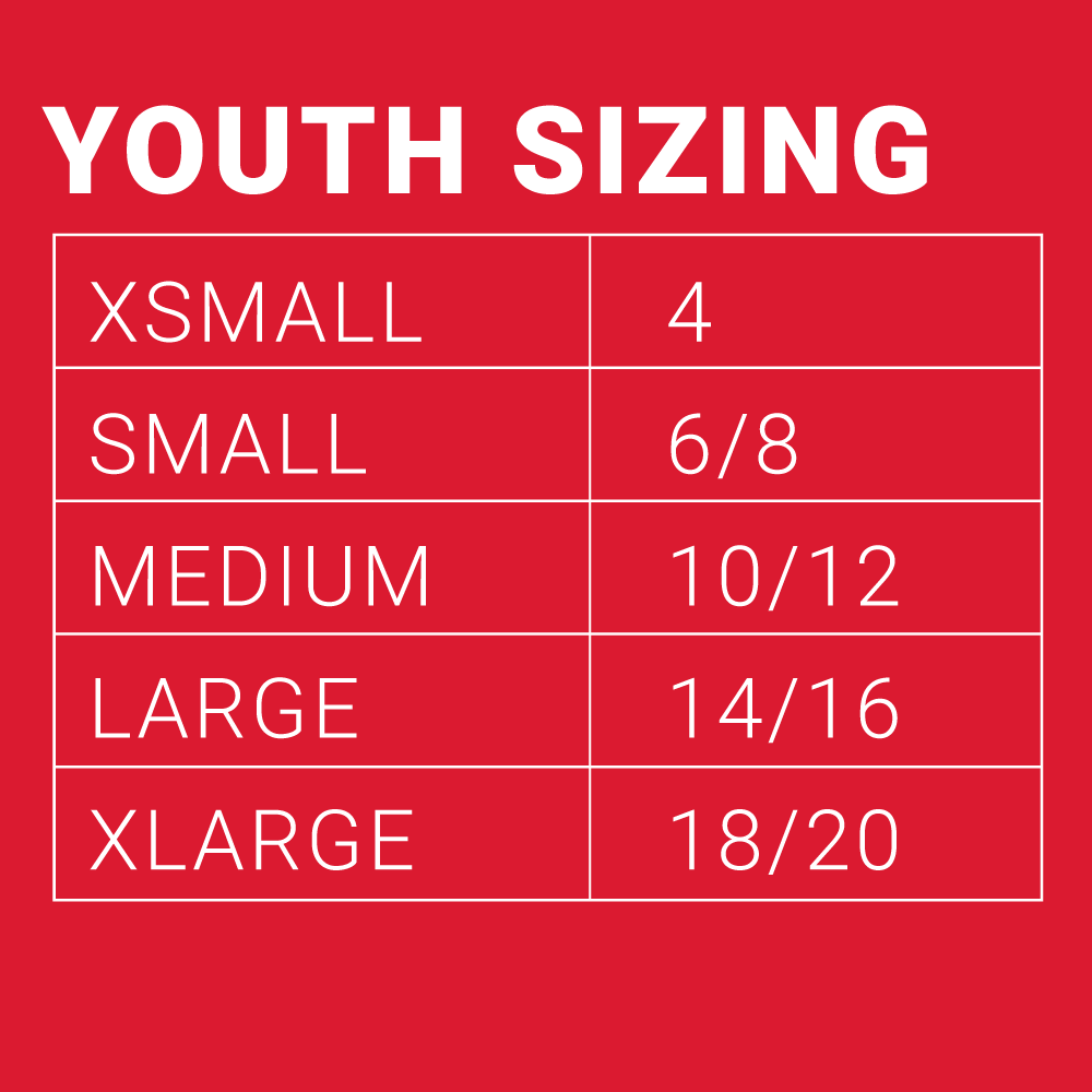Sizing chart for Little Debbie® Christmas Tree Cake Taste Tester Youth Shirt on a red background with white text. The chart lists sizes from XSMALL to XLARGE with corresponding numerical sizes:  XSMALL: 4 SMALL: 6/8 MEDIUM: 10/12 LARGE: 14/16 XLARGE: 18/20.
