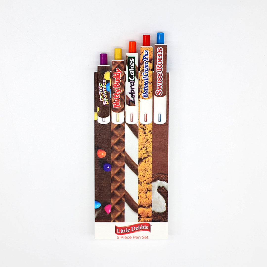 Front view of the Little Debbie Scribbles 5-piece pen set inspired by Cosmic Brownies, Nutty Buddy, Zebra Cakes, Oatmeal Creme Pies, and Swiss Rolls, presented in a charming Little Debbie Branded Box.