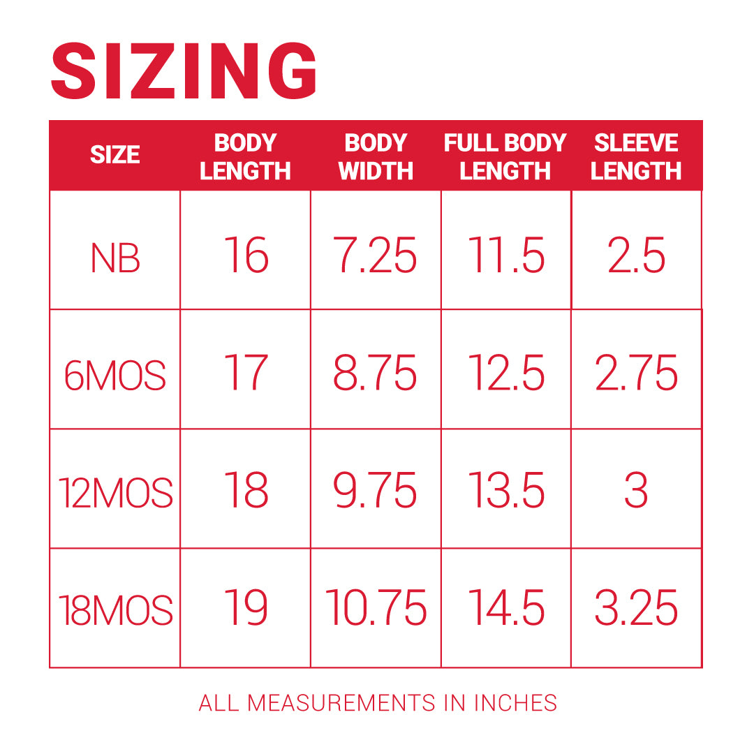 Sizing Chart for the yellow Little Debbie onesie featuring Zain the Zebra™.