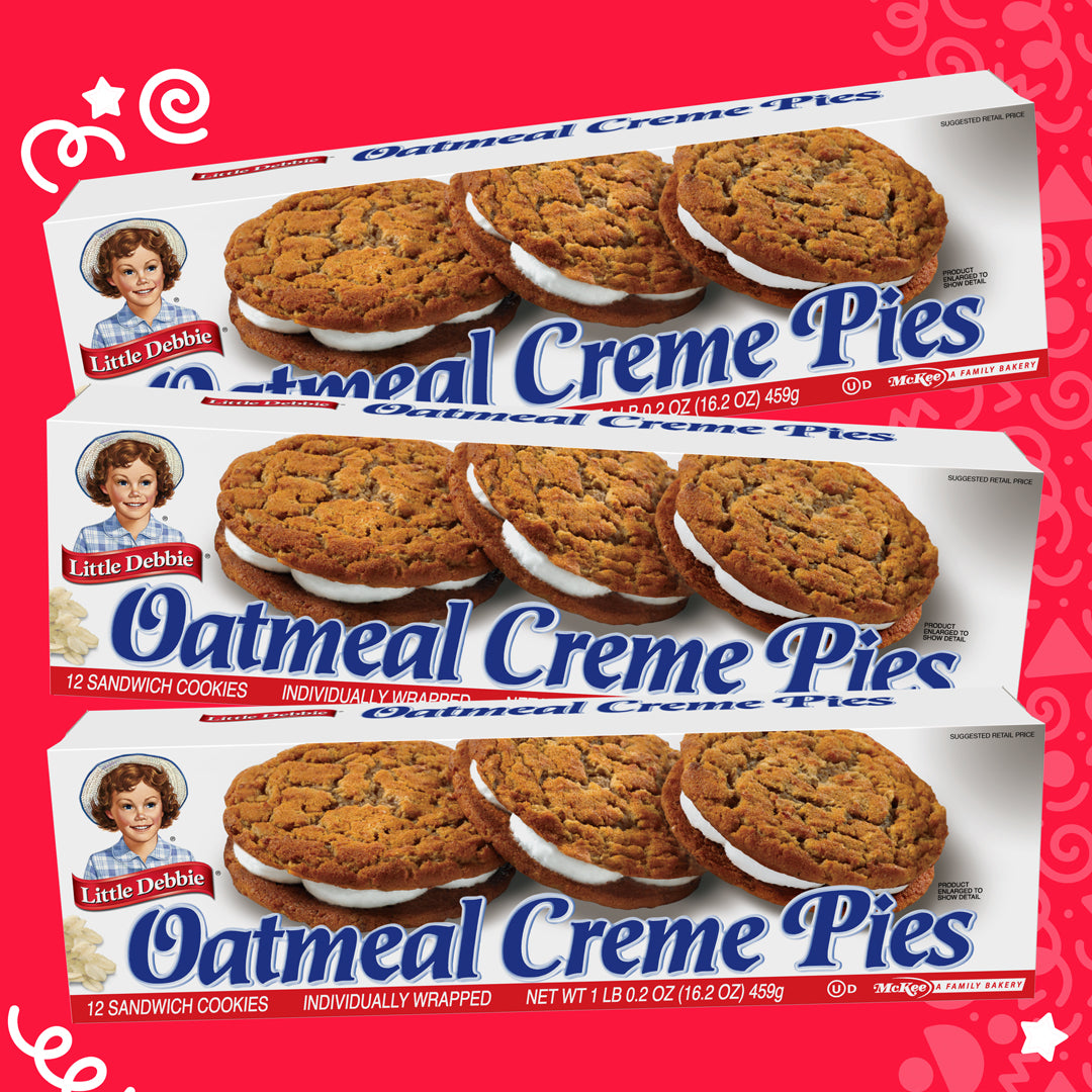 This image shows three boxes of Little Debbie Oatmeal Creme Pies against a white and red background with decorative elements. Each box features a clear image of the oatmeal sandwich cookies, highlighting their textured oatmeal exterior and creamy white filling. The Little Debbie logo is prominent on each box, with text stating '12 SANDWICH COOKIES' and 'INDIVIDUALLY WRAPPED'. The net weight of '1 LB 2 OZ (16.2 OZ) 459g' is also visible. 