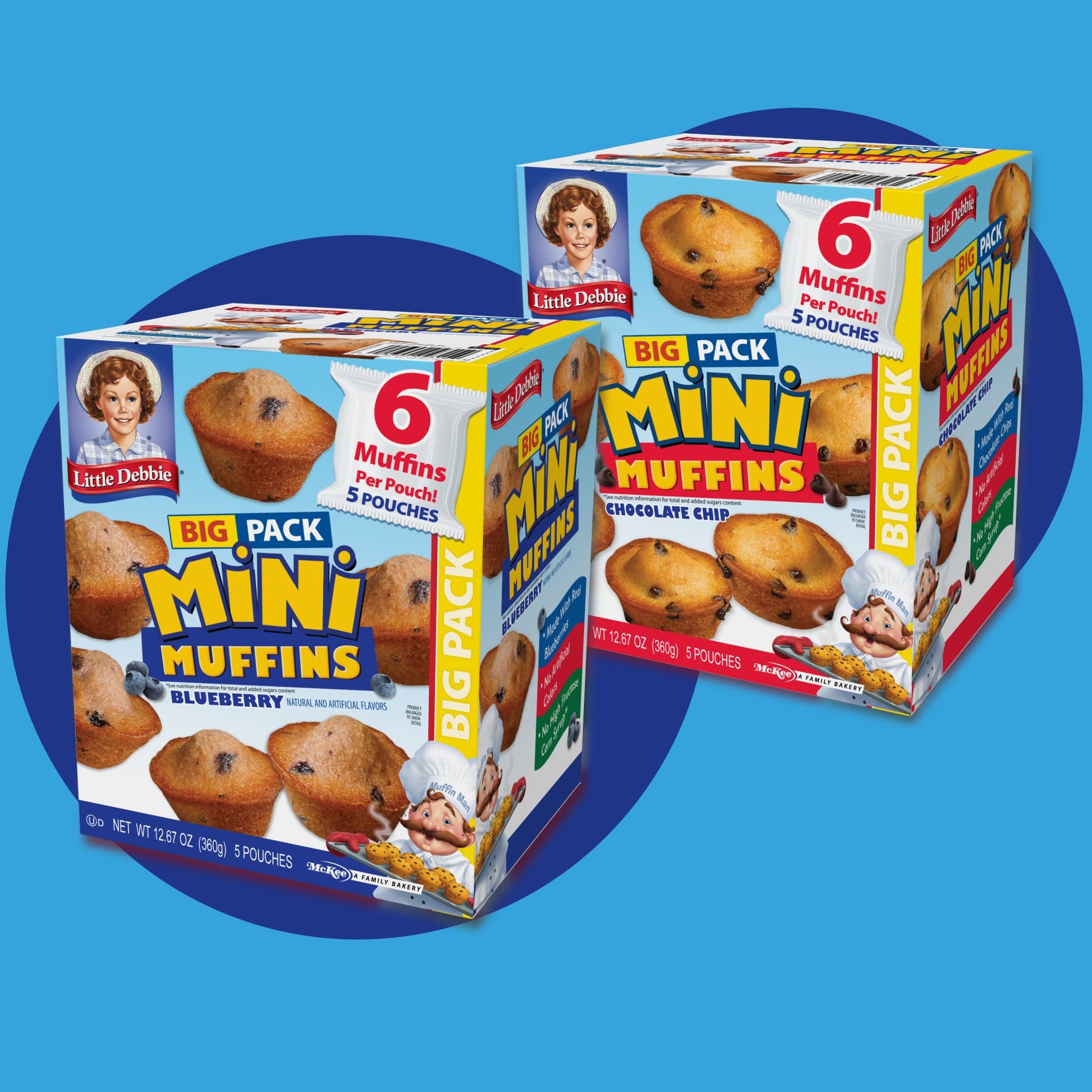 This is an image of the Too Big Mini Muffins pack. Two cartons of Little Debbie Big Pack Mini Muffins. A carton of Big Pack Blueberry Mini Muffins features 'Blueberry' flavor, and the Chocolate Chip Big Pack Mini Muffins features Chocolate Chips' Each box is prominently labeled with '6 Muffins Per Pouch, 5 Pouches' indicating the package contents. The brand's logo is visible on the top left of the boxes. 