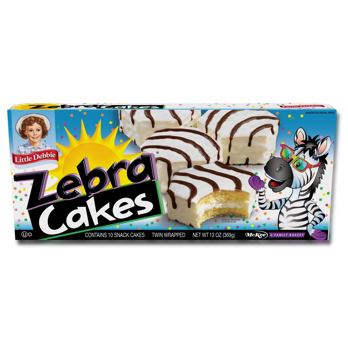 Colorful box of Little Debbie Zebra Cakes featuring vibrant graphics. The packaging displays a cartoon zebra, alongside images of the snack cakes which are white with chocolate stripes. The box includes a logo of Little Debbie and mentions that it contains 10 snack cakes, twin wrapped, with a net weight of 13 oz (369g).